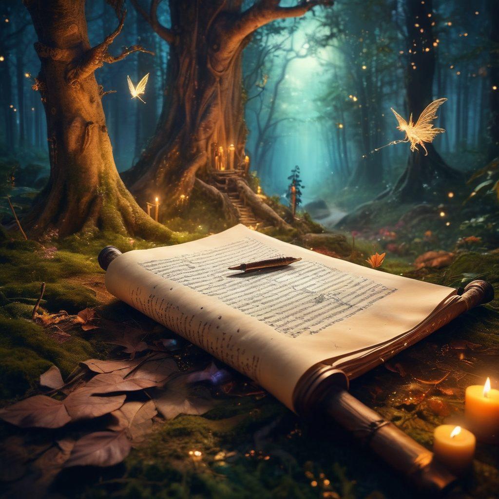A mystical and enchanting scene displaying a quill pen writing on an ancient scroll, surrounded by luminous fairies and mythical creatures in a dream-like forest. The backdrop features towering trees, glimmering starlight, and swirling magical particles, with a warm and inviting color palette. The atmosphere should evoke a sense of wonder and creativity for storytelling. super-realistic. vibrant colors. mystical ambiance.
