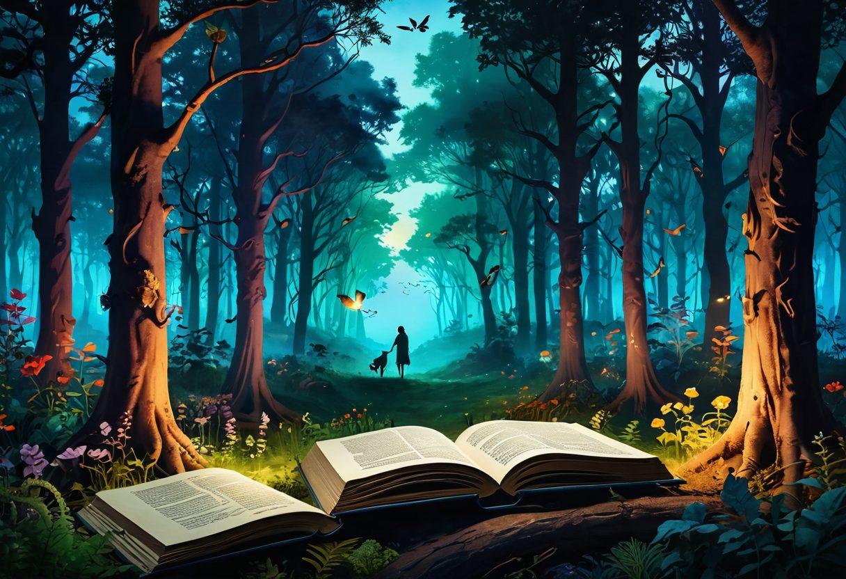 A captivating scene of a mysterious, enchanting forest at dusk, with soft glowing lights illuminating winding paths. Silhouettes of ethereal figures engaging in playful and whimsical activities can be seen among the trees, symbolizing the freedom of imagination and desire. In the foreground, an open book with pages fluttering in the breeze, showcasing vivid illustrations of fantastical creatures and romantic tales. Lush greenery and vibrant flowers surround the scene, evoking a sense of wonder and exploration. surreal, vibrant colors, magical atmosphere.