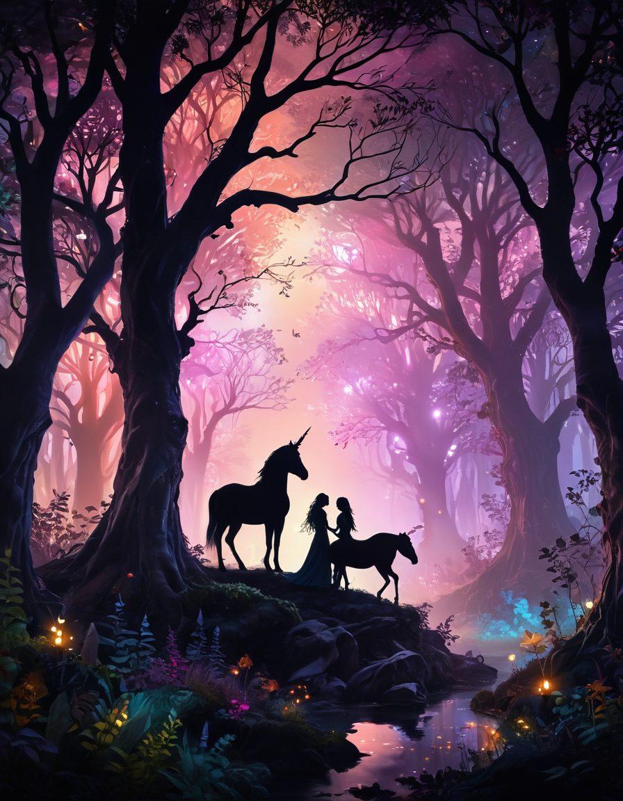 A whimsical fantasy landscape featuring an enchanting forest with soft, glowing lights illuminating a hidden path. Silhouetted figures of a couple sharing a passionate embrace, surrounded by magical creatures like fairies and unicorns. The atmosphere is dreamy and romantic, with hints of mystery and allure. Use rich, vibrant colors that evoke passion and fantasy. super-realistic. vibrant colors. ethereal lighting.